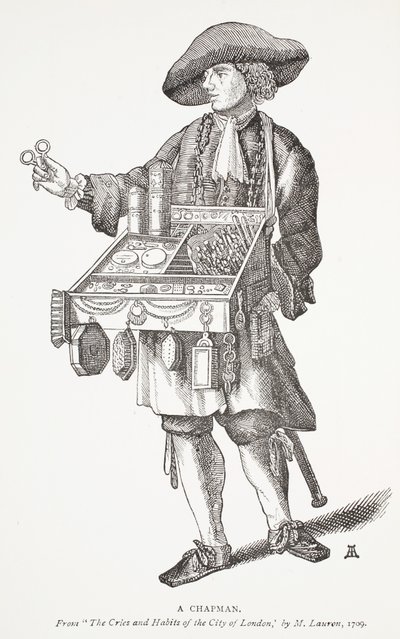 Un vendedor ambulante, de The Cries and Habits of the City of London por M. Lauren, 1709, ilustración de portada de Chap-books of the Eighteenth Century por John Ashton, pub. 1882 de English School
