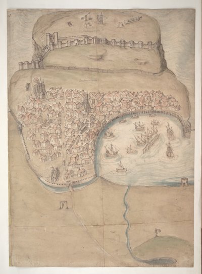 Un plano coloreado o vista de pájaro de la ciudad y el castillo de Scarborough de English School
