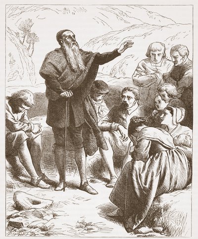 Un conventículo: culto en la ladera, ilustración de La Historia del Protestantismo de James Aitken Wylie, pub. 1878 de English School