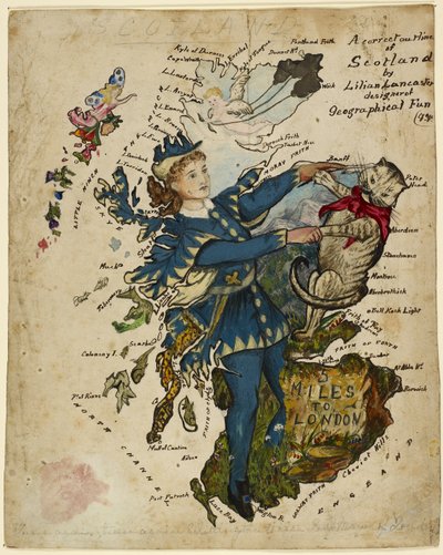 Un esquema correcto de Escocia. Representado como Dick Whittington y su gato (tinta y pintura sobre cartulina) de English School
