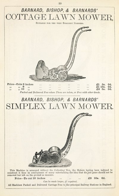 Una Cabaña y Cortacésped Simplex, ilustración de un catálogo de jardinería, publicado por Barnard Bishop & Barnard, 1878 de English School