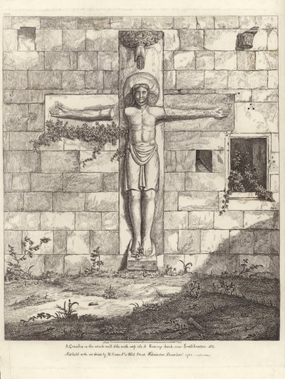 Un Crucifijo en la pared exterior del pasillo sur de la Iglesia de Rumsey de English School