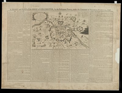 Un Diario y Plan Pictórico del Asedio de Colchester 1648, impreso y vendido por W. Keymer, 1648 de English School