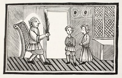 Un padre y sus hijos, ilustración de Chap-books del siglo XVIII de John Ashton, pub. 1882 de English School