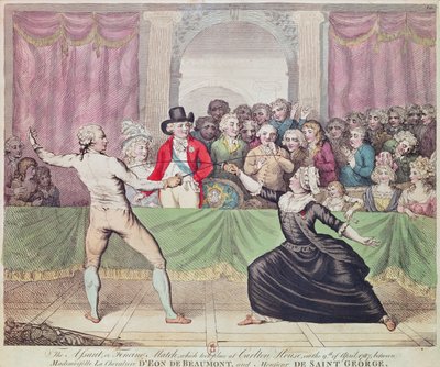 Un duelo de esgrima en Carlton House en presencia del Príncipe Regente entre el Caballero d"Eon, vestido como mujer y Monsieur de Saint-Georges, 1787 de English School