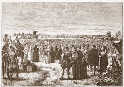 Una predicación en el campo cerca de Gante, ilustración de La Historia del Protestantismo de James Aitken Wylie (1808-1890), pub. 1878 de English School