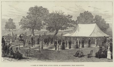 Una partida de ajedrez con piezas vivientes, en Heighington, cerca de Darlington (grabado) de English School