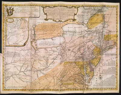 Un mapa general de las colonias británicas medias en América; verbigracia. Virginia, Mariland, Delaware, Pensilvania, New-Jersey, New-York, Connecticut y Rhode Island: de Aquanishuonîgy, el País de los Indios Confederados. . . de los lagos Erie, Ontario y  de English School