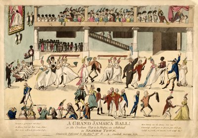 Un Gran Baile en Jamaica o el Salto Creole a la Muftee en Sanish Town, pub. 1802 (grabado coloreado a mano) de English School