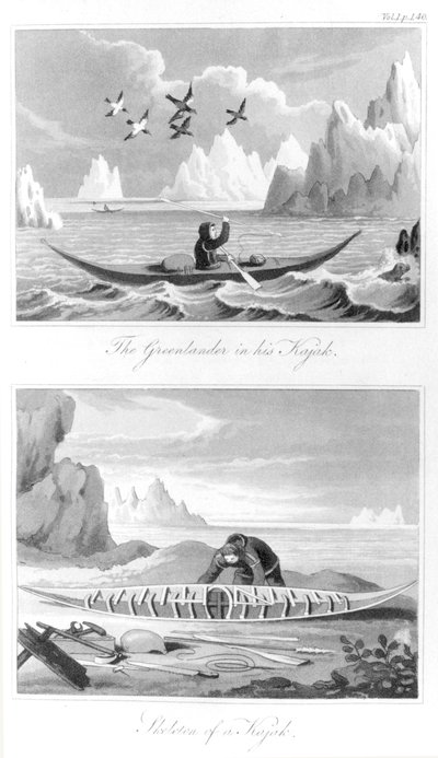 Un groenlandés y su kayak, de Historia de Groenlandia por David Crantz, 1820 de English School