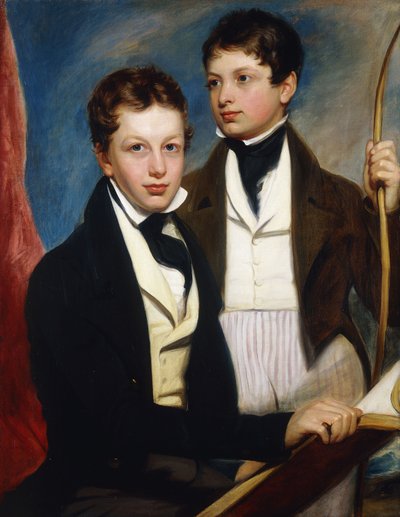 Un retrato de grupo de los chicos Musgrave Morris, uno sentado medio cuerpo con una chaqueta oscura, sosteniendo un libro, el otro de pie tres cuartos de longitud con una chaqueta oscura, sosteniendo un arco, c.1830 de English School