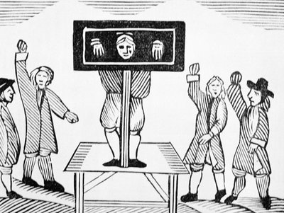 Un hombre culpable en la picota del pueblo, copia de una ilustración del siglo XVI, de una colección de folletos sobre esoterismo de English School
