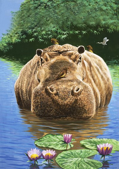 Un hipopótamo feliz, ilustración de "El país de las maravillas de la naturaleza". de English School