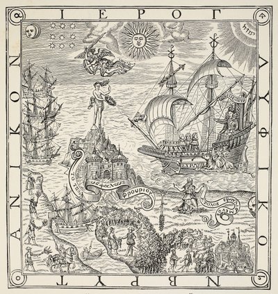 Un jeroglífico de Gran Bretaña, frontispicio de General and Rare Memorials pertayning to the perfecte Arte of Navigation por John Dee (1527-1609), 1577 de English School