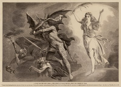 Una esperanza para el nuevo año, el espíritu de la paz ahuyentando a los demonios de la guerra (grabado) de English School
