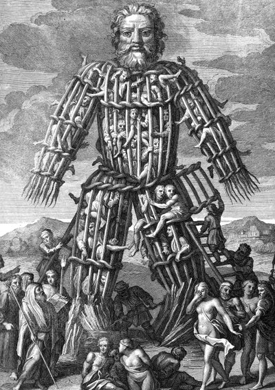 Un enorme coloso hecho de ramitas de mimbre, en el que los hombres eran quemados vivos en honor a los dioses, ilustración de los Comentarios de César traducidos al inglés por William Duncan de English School
