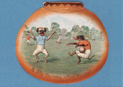 ¡Una alegre Navidad sin contratiempos!, tarjeta navideña que muestra un partido de fútbol entre perros, c.1890s de English School