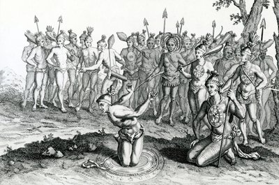 Un Rey de Florida consultando a su Mago antes de ir a la batalla, ilustración tomada de los Viajes y Aventuras de Moore, 1778 de English School