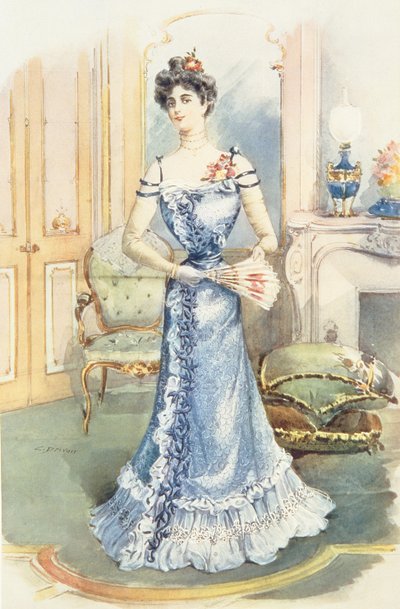 Una dama en su sala de estar, ilustración de revista por C. Drivan de English School