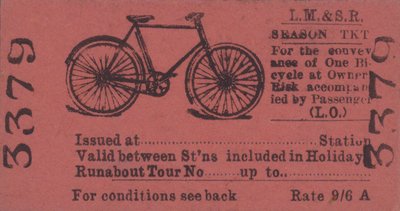 Billete de temporada del Ferrocarril de Londres, Midland y Escocia para viajar con una bicicleta de English School