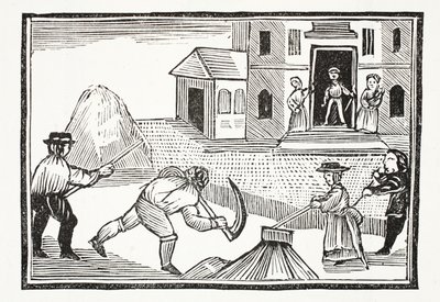 Un hombre cortando césped con una guadaña, que se llevó todo por delante, ilustración de Chap-books del siglo XVIII de John Ashton, pub. 1882 de English School