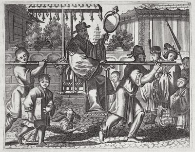Un Mandarín en una Silla de Sedan, ilustración de una descripción de Embajadas a China, 1690 de English School