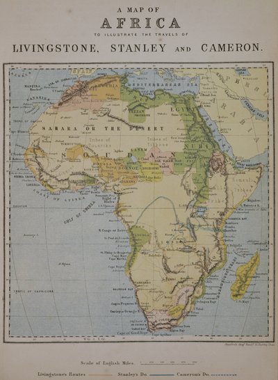 Un mapa de África para ilustrar los viajes de David Livingstone (1813-73), Henry Morton Stanley (1841-1904) y Verney Lovett Cameron (1844-94) de English School