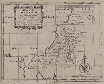 Mapa de la Tierra de Canaán, y partes adyacentes, en la época en que Abraham vino a residir en ella, mostrando los diversos pueblos y lugares mencionados en la Historia de los Patriarcas (grabado) de English School