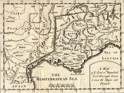 Mapa de la ruta que tomó Aníbal a través de la Galia y sobre los Alpes hacia Italia de English School