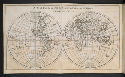 Un mapa del mundo, en el que se delinean los viajes de Robinson Crusoe de English School