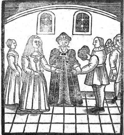 Una ceremonia de matrimonio, una ilustración de Un Libro de Baladas de Roxburghe de English School