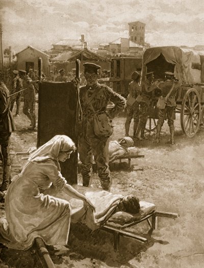 Una estación médica atendiendo a soldados heridos, 1914-19 de English School