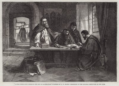 Un Monje instruyendo a otros en el Arte de la Iluminación (grabado) de English School