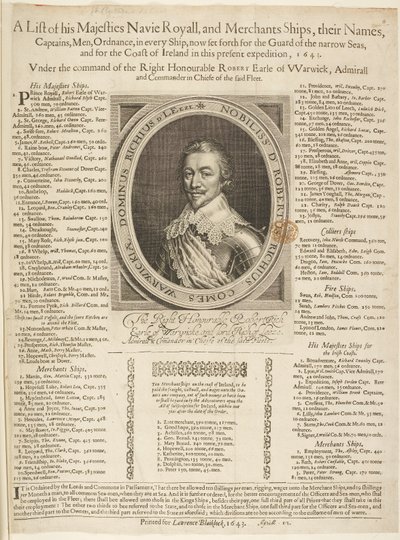 Una lista de envíos navales con el retrato del conde de Warwick de English School