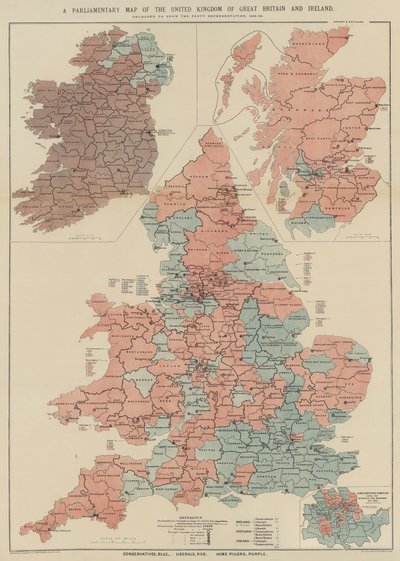 Mapa Parlamentario del Reino Unido de Gran Bretaña e Irlanda (litografía en color) de English School