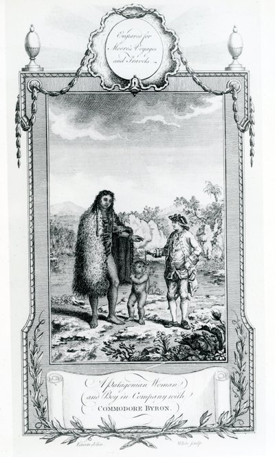 Una Mujer y un Niño Patagónicos en compañía del Comodoro Byron, ilustración tomada de los Viajes y Aventuras de Moore, 1778 de English School