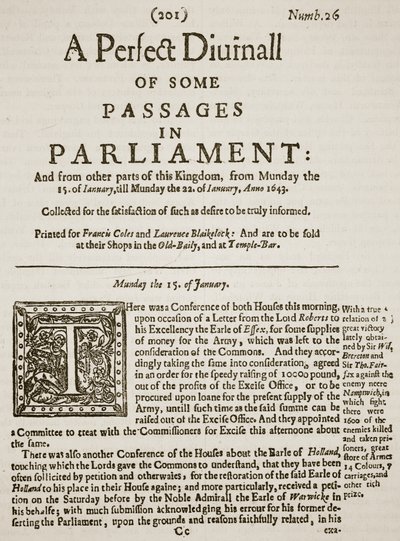 A Perfect Diurnall, facsímil de la portada del número 26, 1643, ilustración de Cassells Illustrated History of England de English School