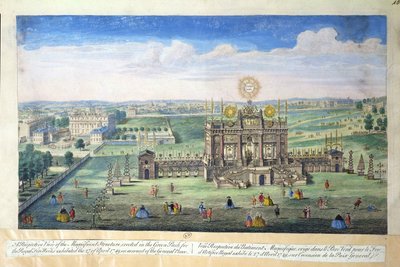 Vista en perspectiva de la magnífica estructura erigida en el Green Park para los fuegos artificiales reales, 1749 de English School