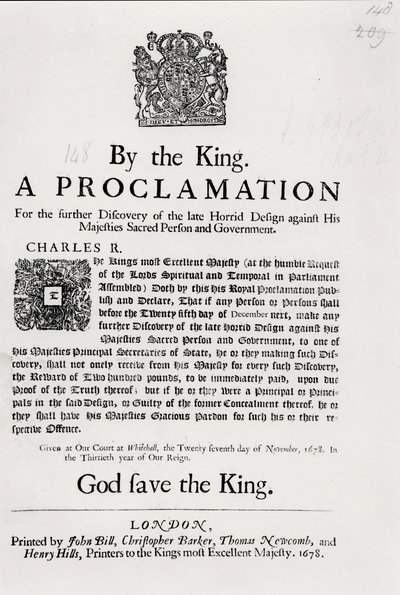 Proclamación del Rey, para el Descubrimiento Adicional del Último Horrible Diseño Contra la Sagrada Persona y el Gobierno de Su Majestad, 27 de noviembre de 1678 de English School