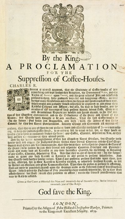 Proclamación del Rey para la Supresión de las Casas de Café, 1675 de English School