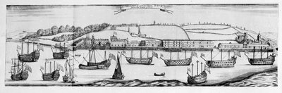 Una perspectiva del astillero de Chatham desde el molino de viento de Finsbery (grabado) de English School