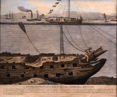 Una representación del H.M.S. Royal George de 108 cañones, publicado en 1833 de English School