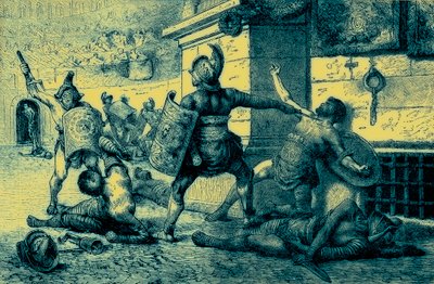 Un día festivo romano, combate de gladiadores, ilustración de The Illustrated History of the World, publicado c.1880 de English School