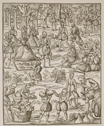 Un picnic real, lámina de Noble Art of Venerie and Hunting por George Turberville, 1575 de English School