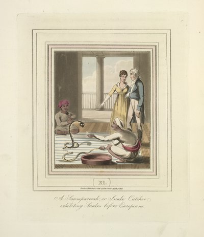 Un saumpareeah o cazador de serpientes que exhibe serpientes ante los europeos, c.1824 (litografia en color) de English School