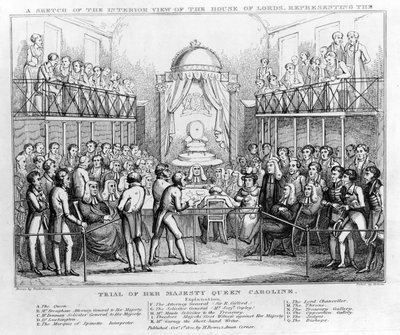 Boceto de la vista interior de la Cámara de los Lores, representando el juicio de Su Majestad la Reina Carolina, pub. 1820 de English School