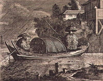 Un pequeño bote fluvial chino bajo la lluvia, ilustración de una descripción de embajadas a China de English School