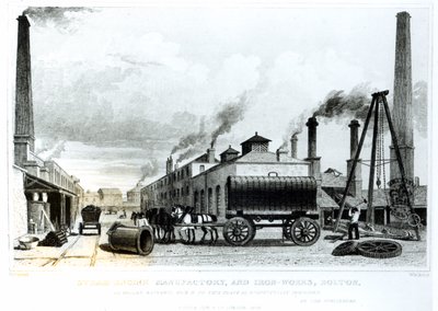Una fábrica de máquinas de vapor y trabajos de hierro en Bolton, por Harwood, grabado por Watkins de English School