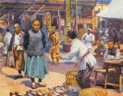 Una escena callejera en China (litografía en color) de English School