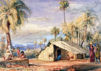 Cabaña de un recolector de toddy en un bosque de palmeras datileras, Presidencia de Bombay, India de English School
